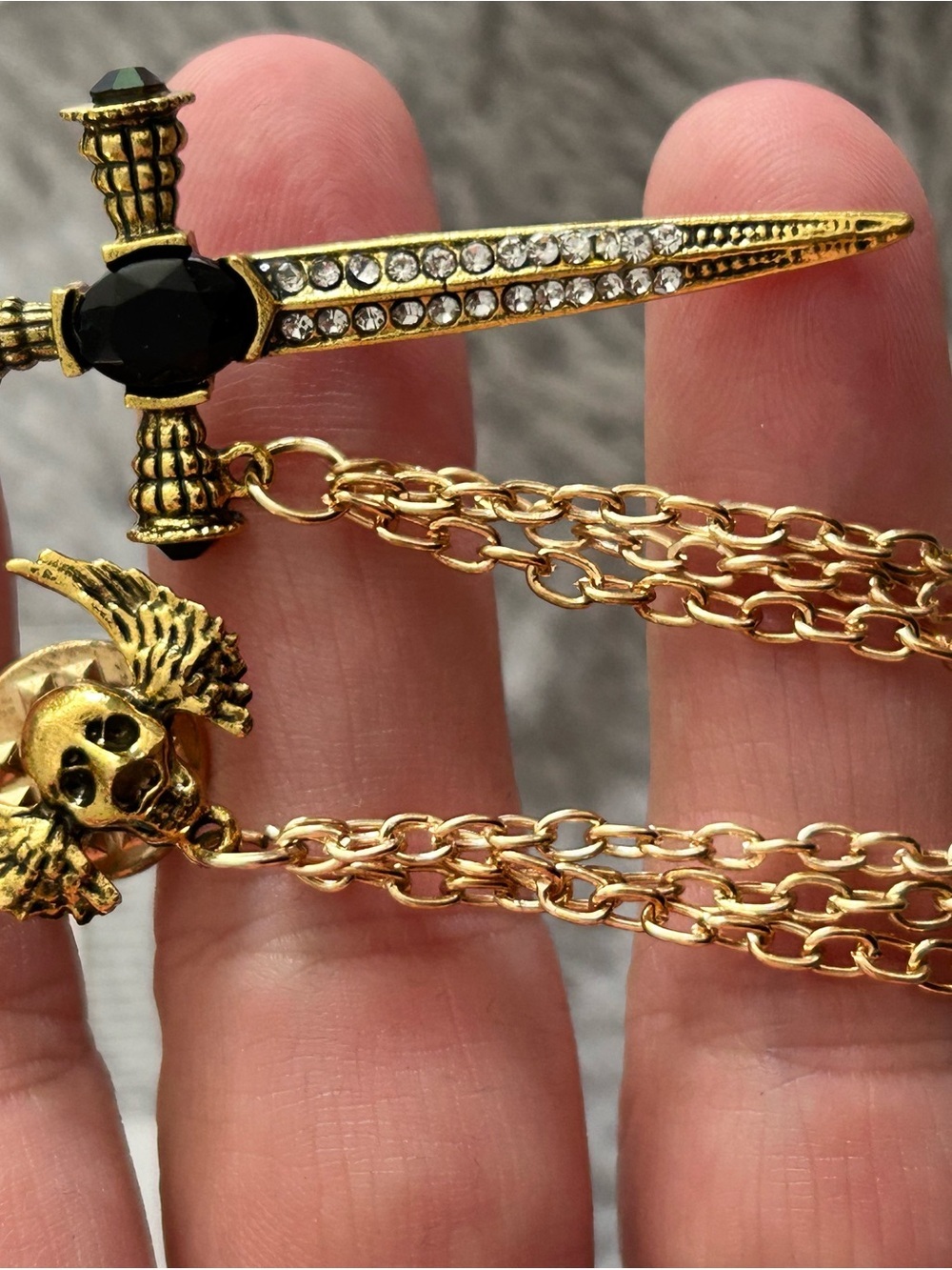 Gold-Tone Gothic Sword & Skull Pendant sweater clip